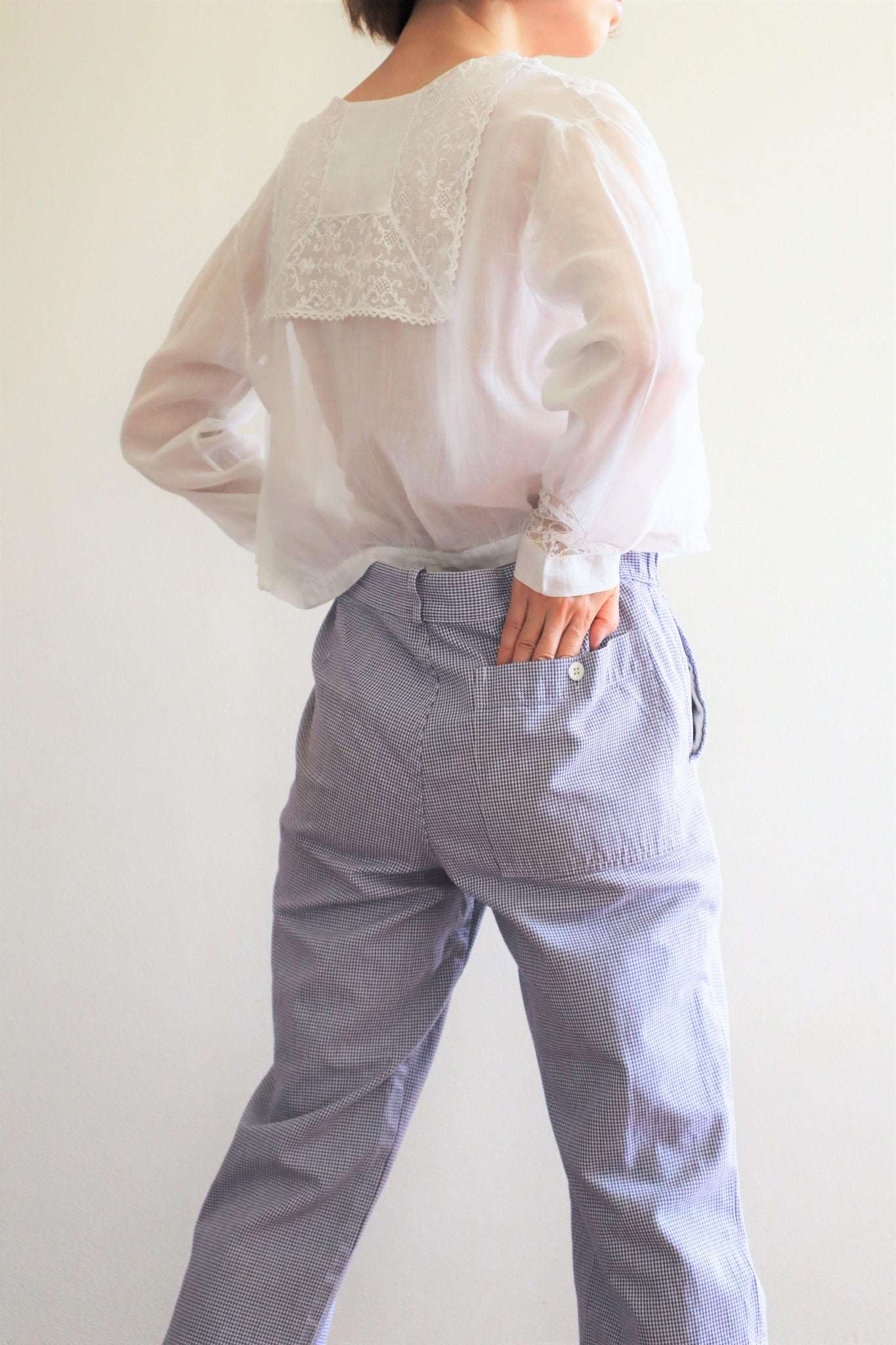 80s White And Purple Staggered Cotton Pants