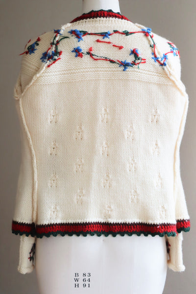70s Blue Small Flower Embroidery Hand Knit Austrian Cardigan