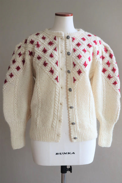 80s Embroidered Red Flowers Austrian Hand Knit Pure Wool Cardigan