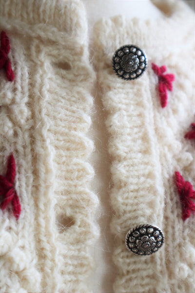 80s Embroidered Red Flowers Austrian Hand Knit Pure Wool Cardigan