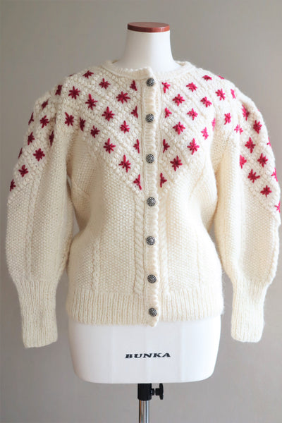 80s Embroidered Red Flowers Austrian Hand Knit Pure Wool Cardigan