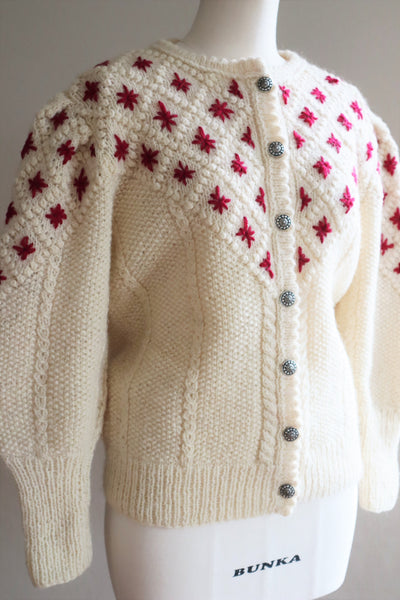 80s Embroidered Red Flowers Austrian Hand Knit Pure Wool Cardigan