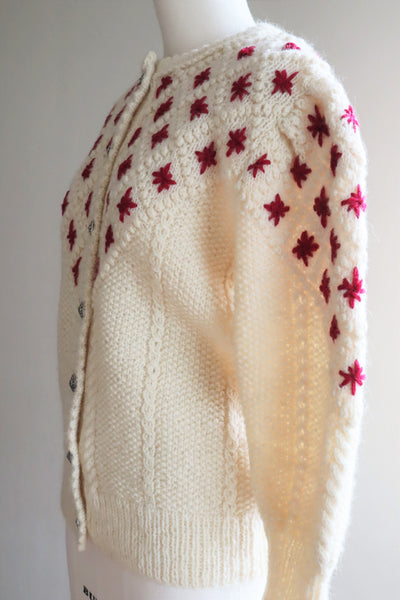 80s Embroidered Red Flowers Austrian Hand Knit Pure Wool Cardigan