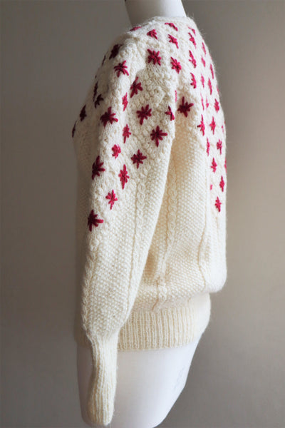 80s Embroidered Red Flowers Austrian Hand Knit Pure Wool Cardigan