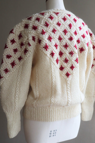 80s Embroidered Red Flowers Austrian Hand Knit Pure Wool Cardigan