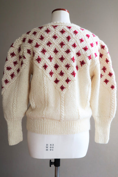 80s Embroidered Red Flowers Austrian Hand Knit Pure Wool Cardigan