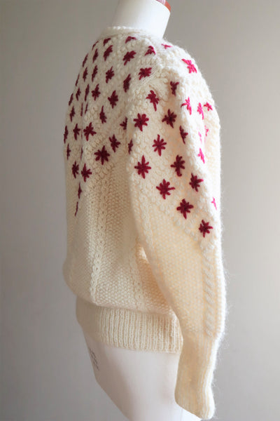 80s Embroidered Red Flowers Austrian Hand Knit Pure Wool Cardigan