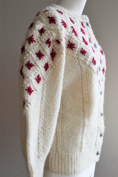 80s Embroidered Red Flowers Austrian Hand Knit Pure Wool Cardigan