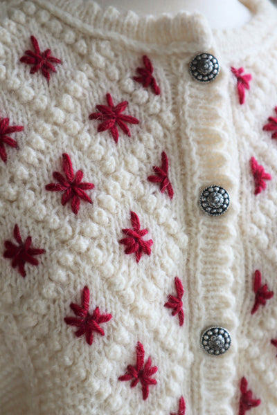 80s Embroidered Red Flowers Austrian Hand Knit Pure Wool Cardigan