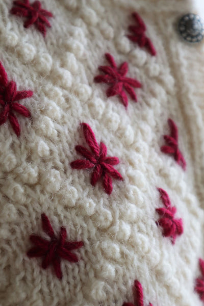 80s Embroidered Red Flowers Austrian Hand Knit Pure Wool Cardigan