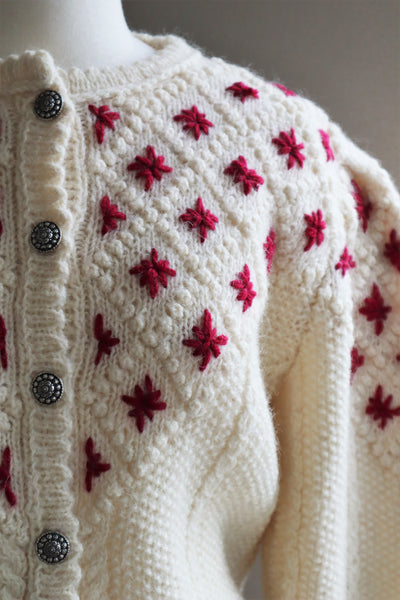 80s Embroidered Red Flowers Austrian Hand Knit Pure Wool Cardigan