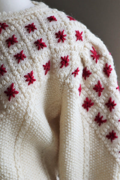 80s Embroidered Red Flowers Austrian Hand Knit Pure Wool Cardigan