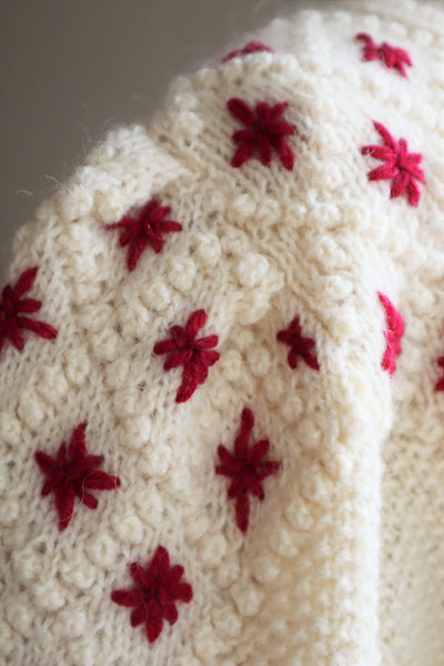 80s Embroidered Red Flowers Austrian Hand Knit Pure Wool Cardigan