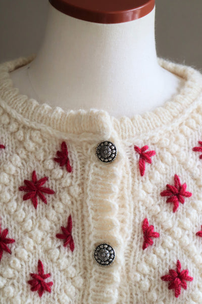 80s Embroidered Red Flowers Austrian Hand Knit Pure Wool Cardigan