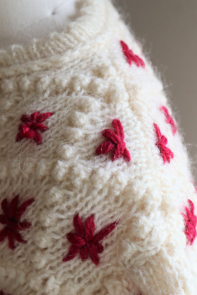 80s Embroidered Red Flowers Austrian Hand Knit Pure Wool Cardigan
