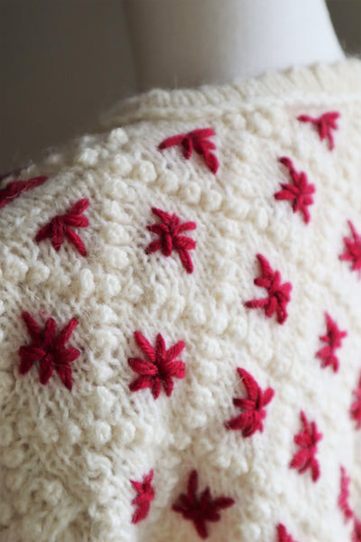 80s Embroidered Red Flowers Austrian Hand Knit Pure Wool Cardigan