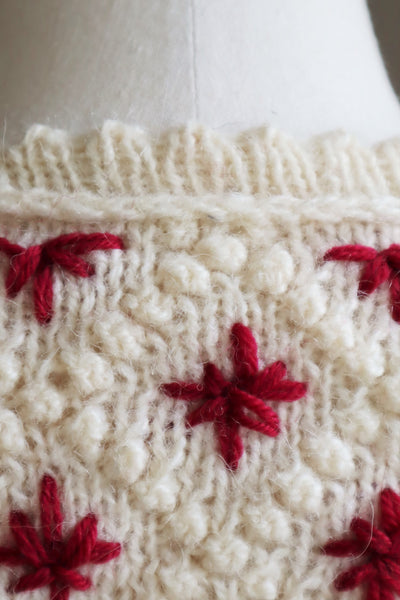 80s Embroidered Red Flowers Austrian Hand Knit Pure Wool Cardigan