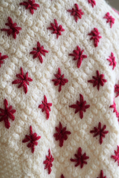 80s Embroidered Red Flowers Austrian Hand Knit Pure Wool Cardigan