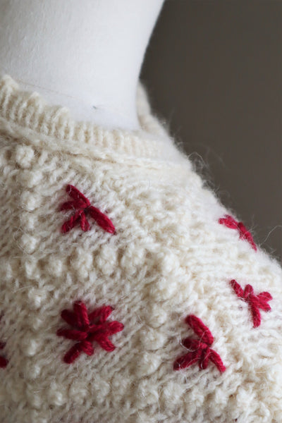 80s Embroidered Red Flowers Austrian Hand Knit Pure Wool Cardigan