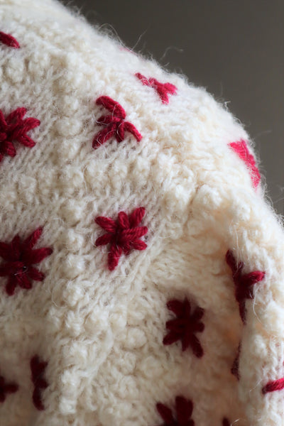 80s Embroidered Red Flowers Austrian Hand Knit Pure Wool Cardigan