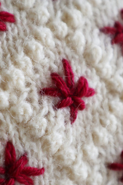 80s Embroidered Red Flowers Austrian Hand Knit Pure Wool Cardigan