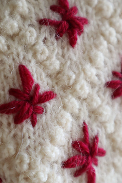 80s Embroidered Red Flowers Austrian Hand Knit Pure Wool Cardigan