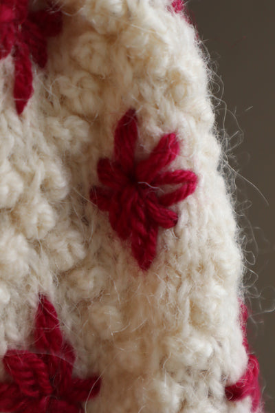 80s Embroidered Red Flowers Austrian Hand Knit Pure Wool Cardigan