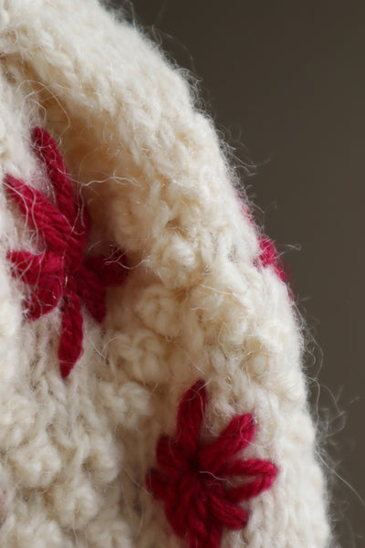 80s Embroidered Red Flowers Austrian Hand Knit Pure Wool Cardigan