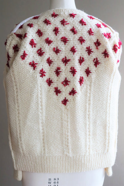 80s Embroidered Red Flowers Austrian Hand Knit Pure Wool Cardigan