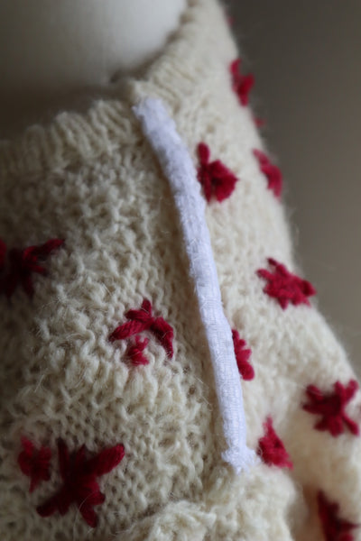 80s Embroidered Red Flowers Austrian Hand Knit Pure Wool Cardigan