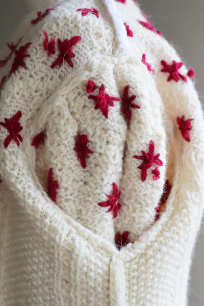 80s Embroidered Red Flowers Austrian Hand Knit Pure Wool Cardigan