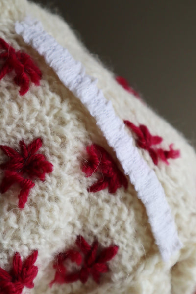 80s Embroidered Red Flowers Austrian Hand Knit Pure Wool Cardigan