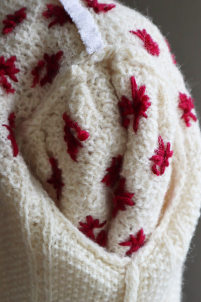 80s Embroidered Red Flowers Austrian Hand Knit Pure Wool Cardigan