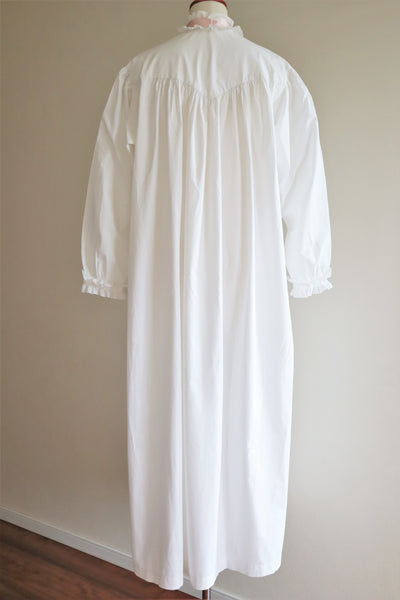 19th Victorian Standing Collar Frilled Tuck Design Hand-Sewn Fine White Cotton Long Dress