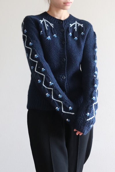 Austrian Hand knit Cardigan Embroidered Dark Indigo Blue