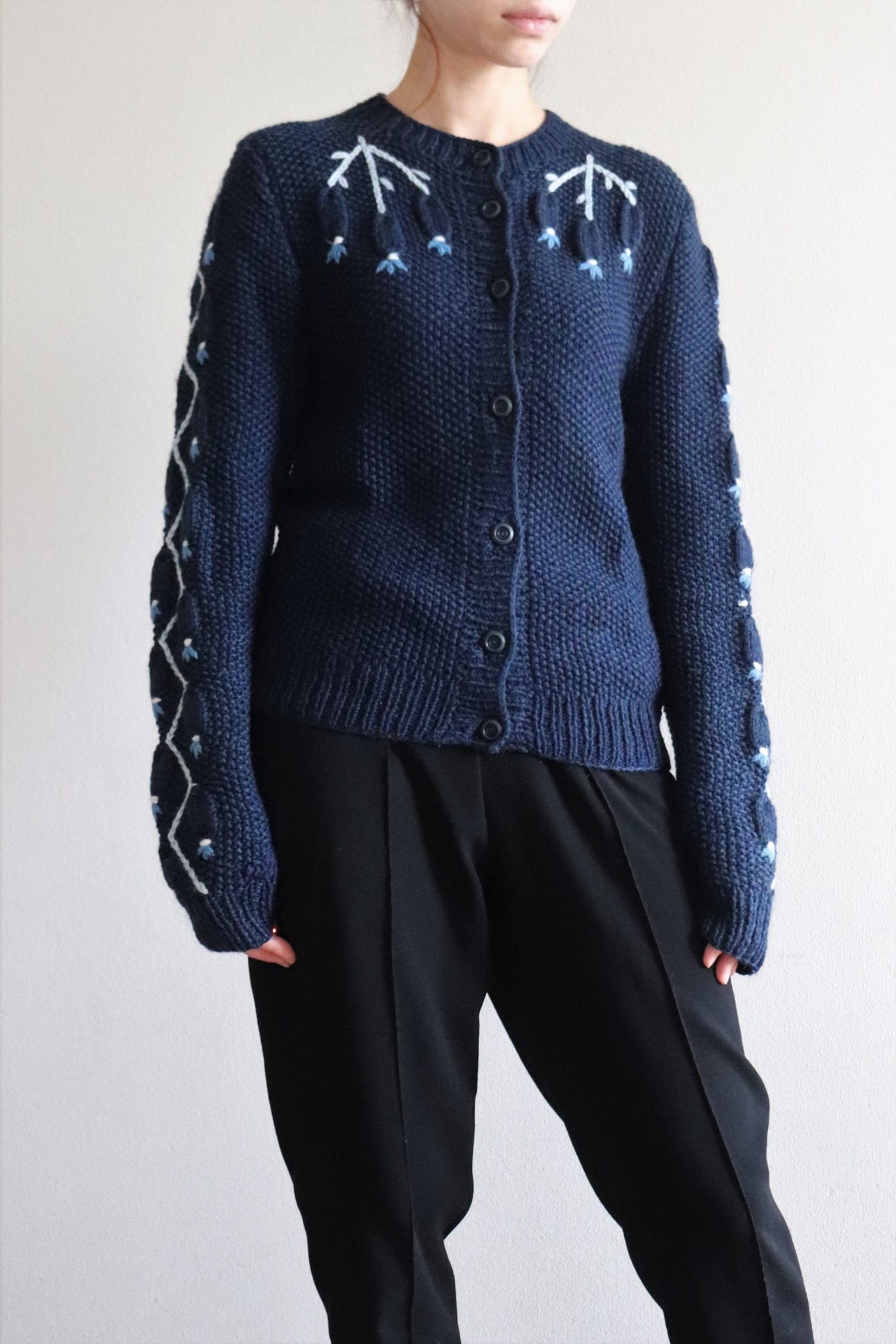 Austrian Hand knit Cardigan Embroidered Dark Indigo Blue