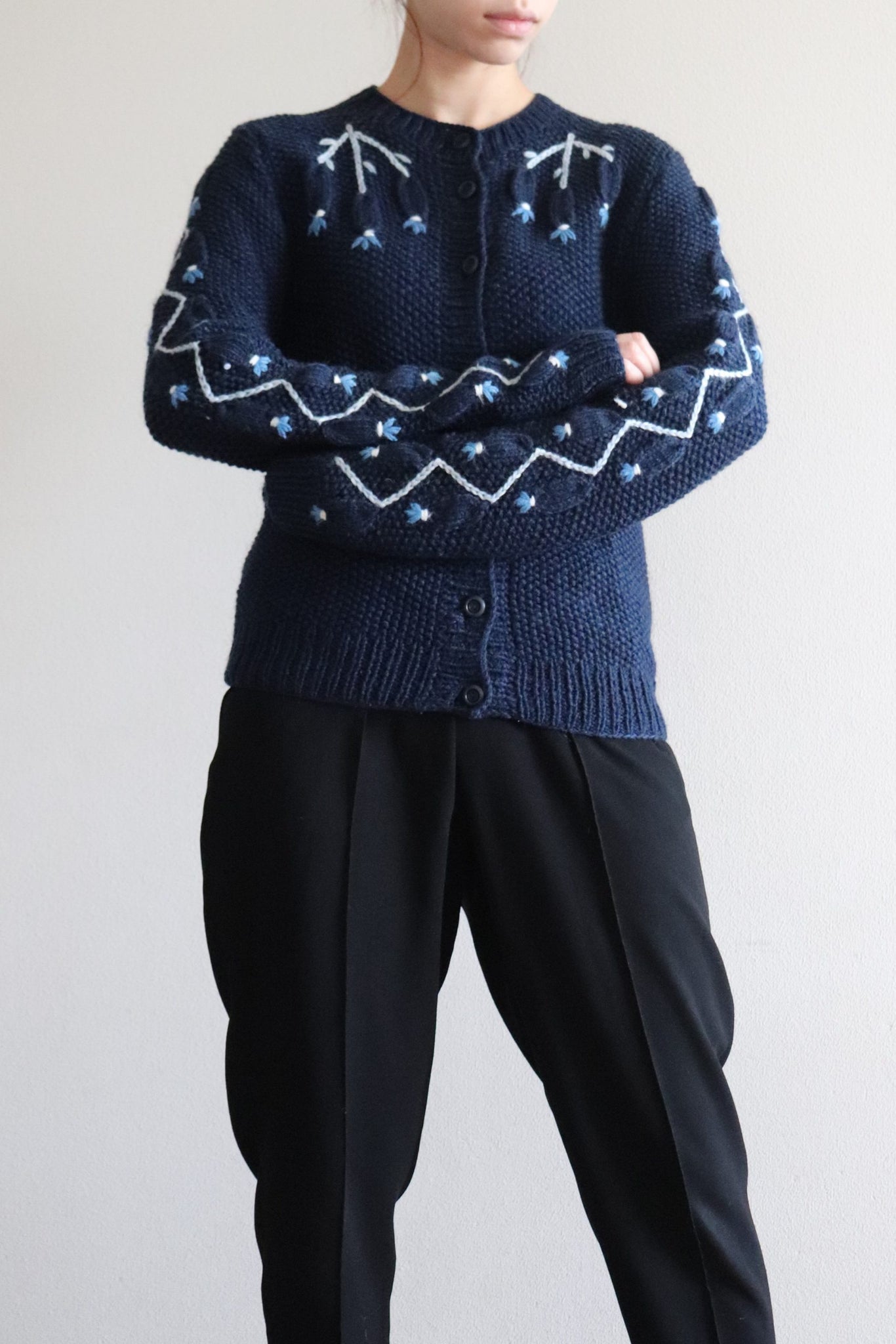 Austrian Hand knit Cardigan Embroidered Dark Indigo Blue