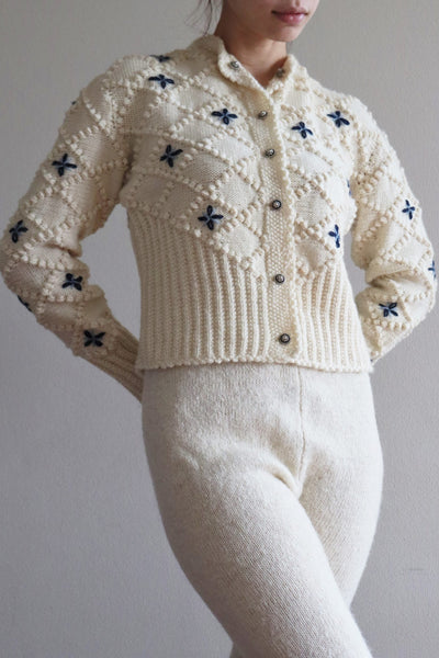Austrian Hand knit Cardigan Embroidered Off White
