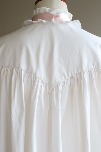 19th Victorian Standing Collar Frilled Tuck Design Hand-Sewn Fine White Cotton Long Dress