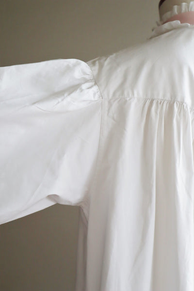 19th Victorian Standing Collar Frilled Tuck Design Hand-Sewn Fine White Cotton Long Dress