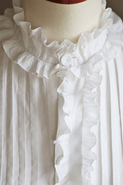 19th Victorian Standing Collar Frilled Tuck Design Hand-Sewn Fine White Cotton Long Dress