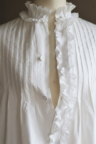 19th Victorian Standing Collar Frilled Tuck Design Hand-Sewn Fine White Cotton Long Dress