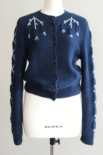 Austrian Hand knit Cardigan Embroidered Dark Indigo Blue