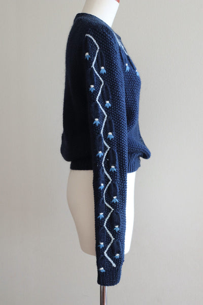 Austrian Hand knit Cardigan Embroidered Dark Indigo Blue