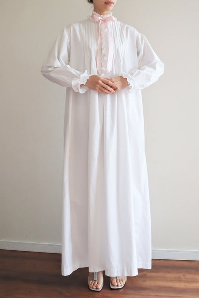 19th Victorian Standing Collar Frilled Tuck Design Hand-Sewn Fine White Cotton Long Dress