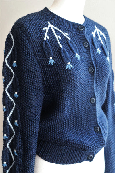 Austrian Hand knit Cardigan Embroidered Dark Indigo Blue