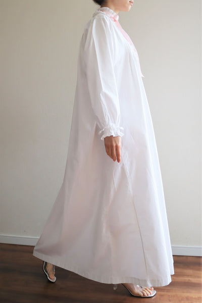 19th Victorian Standing Collar Frilled Tuck Design Hand-Sewn Fine White Cotton Long Dress