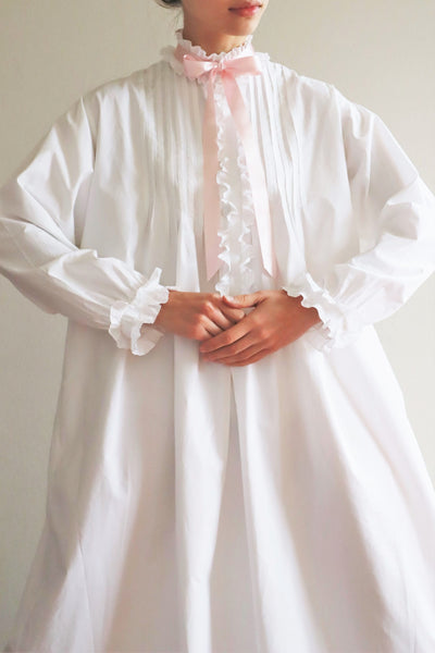 19th Victorian Standing Collar Frilled Tuck Design Hand-Sewn Fine White Cotton Long Dress