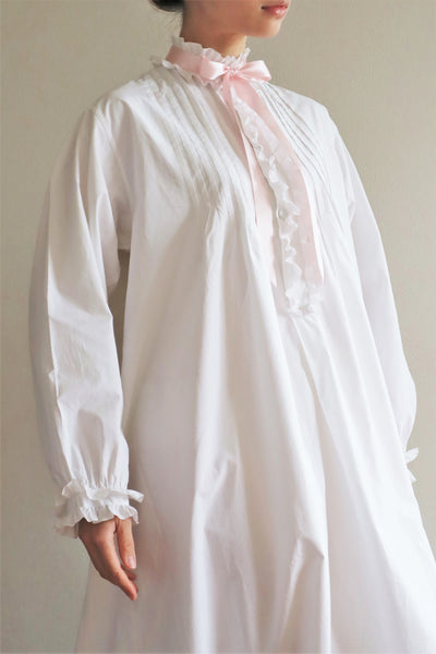 19th Victorian Standing Collar Frilled Tuck Design Hand-Sewn Fine White Cotton Long Dress