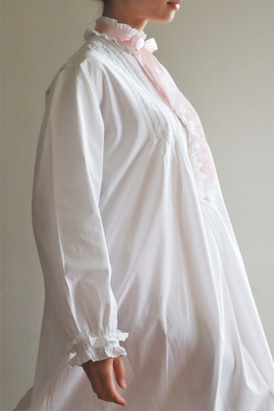 19th Victorian Standing Collar Frilled Tuck Design Hand-Sewn Fine White Cotton Long Dress